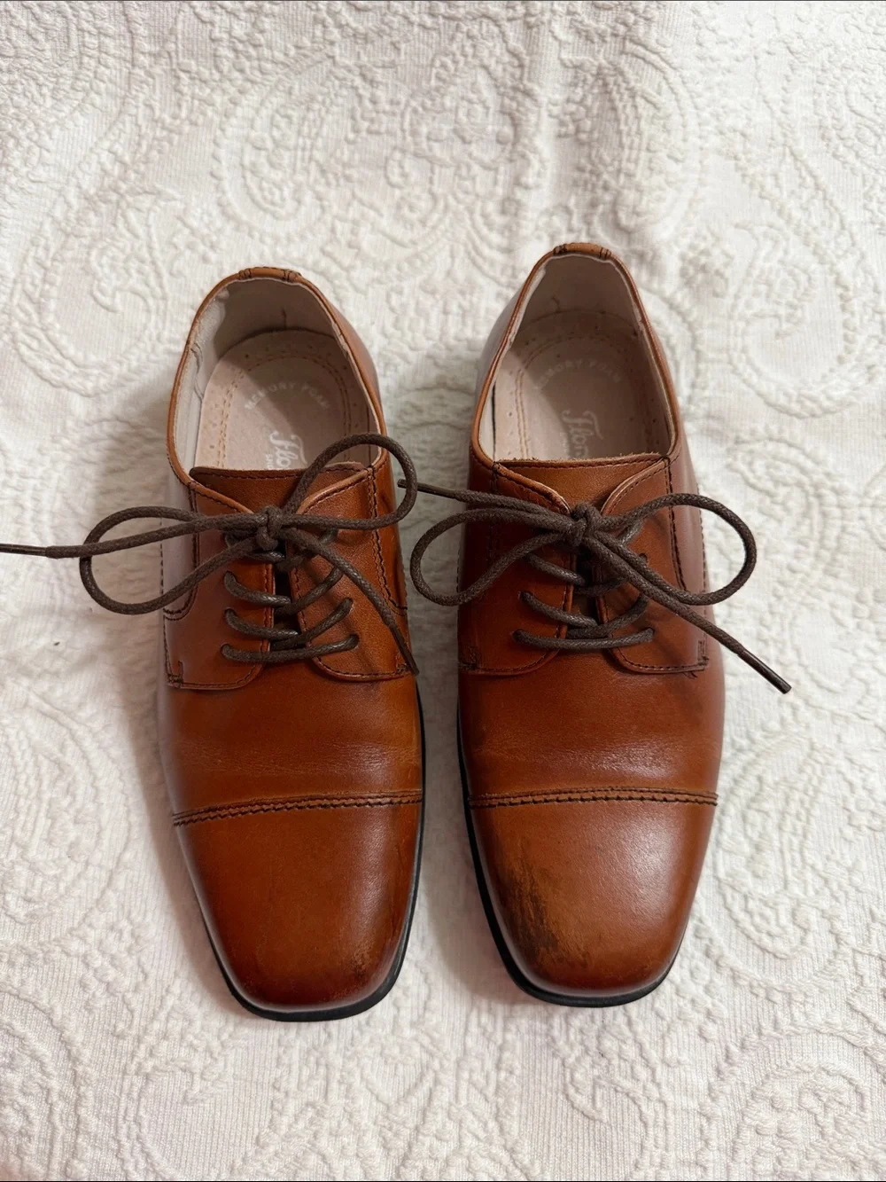 Florsheim Boys Size 3M Kids Dress Shoes Brown Leather Cap-Toe Lace-Up